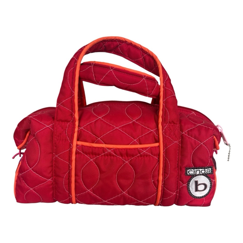 cinda b Red Quilted "Big-Mouth" Small Duffel Travel Bag Orange Trim On The Go